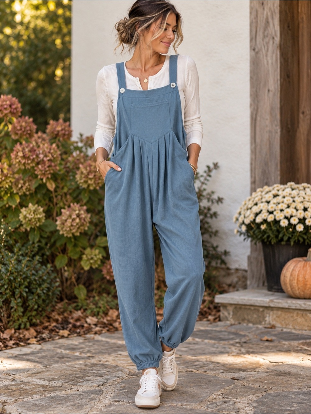Halara Blue Waffle Knit Overall Jumpsuit Size S Relaxed Jogger Pockets